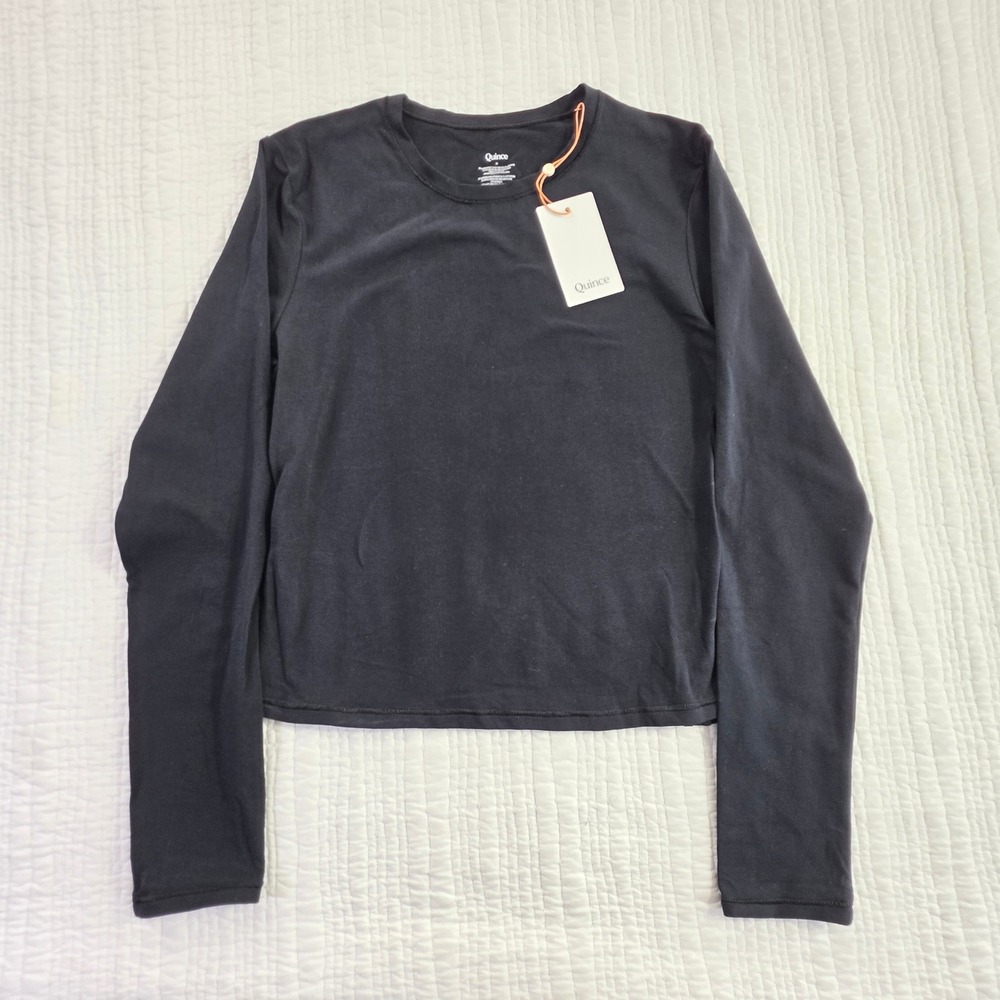 Quince Organic Cotton Stretch Long Sleeve Crewneck Top Black Size Medium NWT Tee